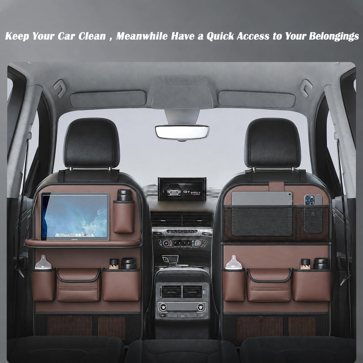 2 Pack Leather Car Backseat Organizer with Foldable Table Tray (Brown)