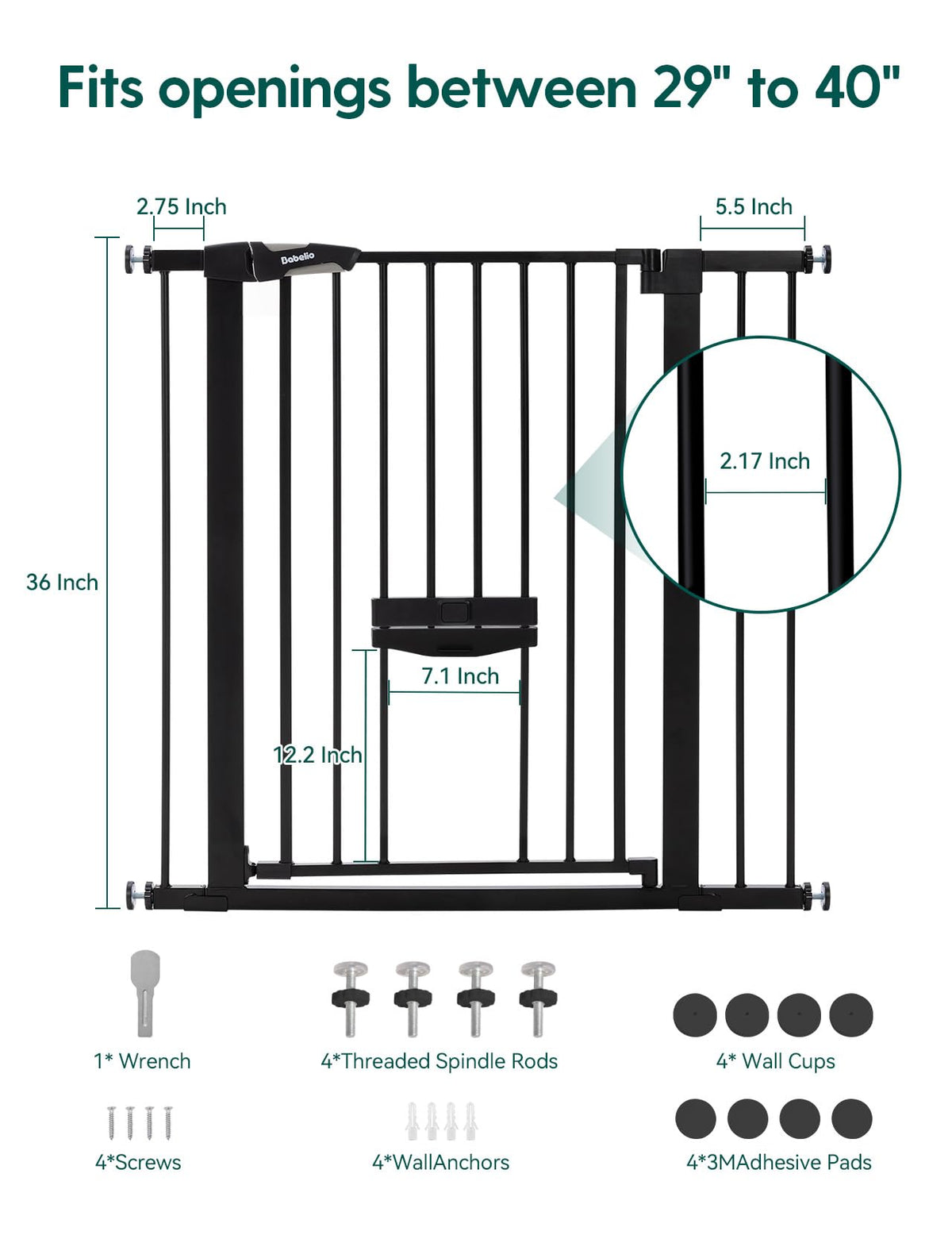 36" Tall Pet Gate with Cat Door (Black / 29-40" Wide, 36" Tall)