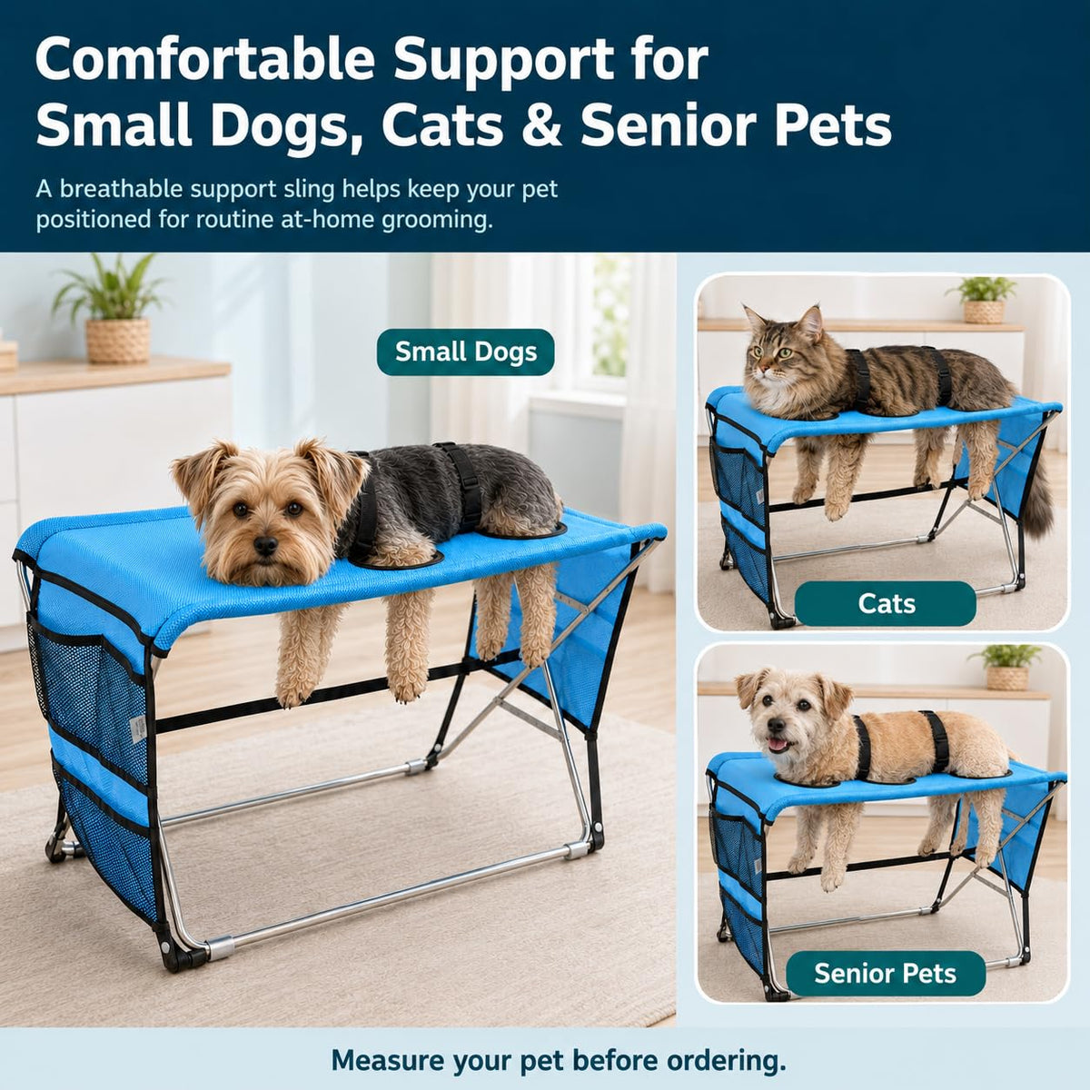 Pet Grooming Hammock with Stand for Small Dogs and Cats (Dark blue)