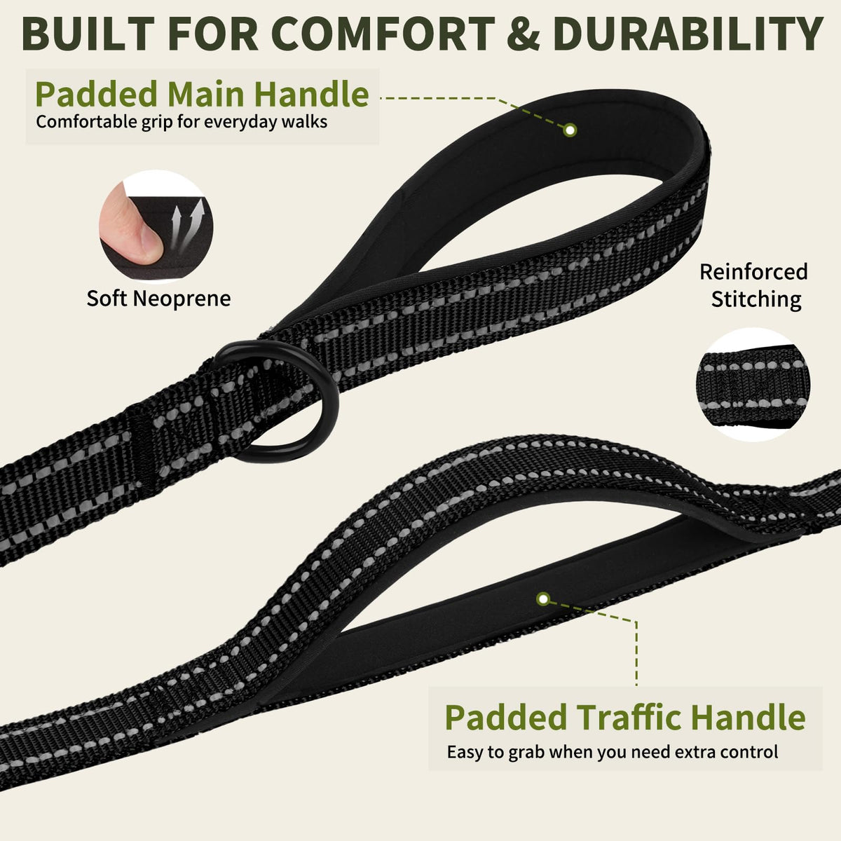 5FT Tactical Heavy Duty Dog Leash No Pull with 2 Padded Handles (Black / 5FT)