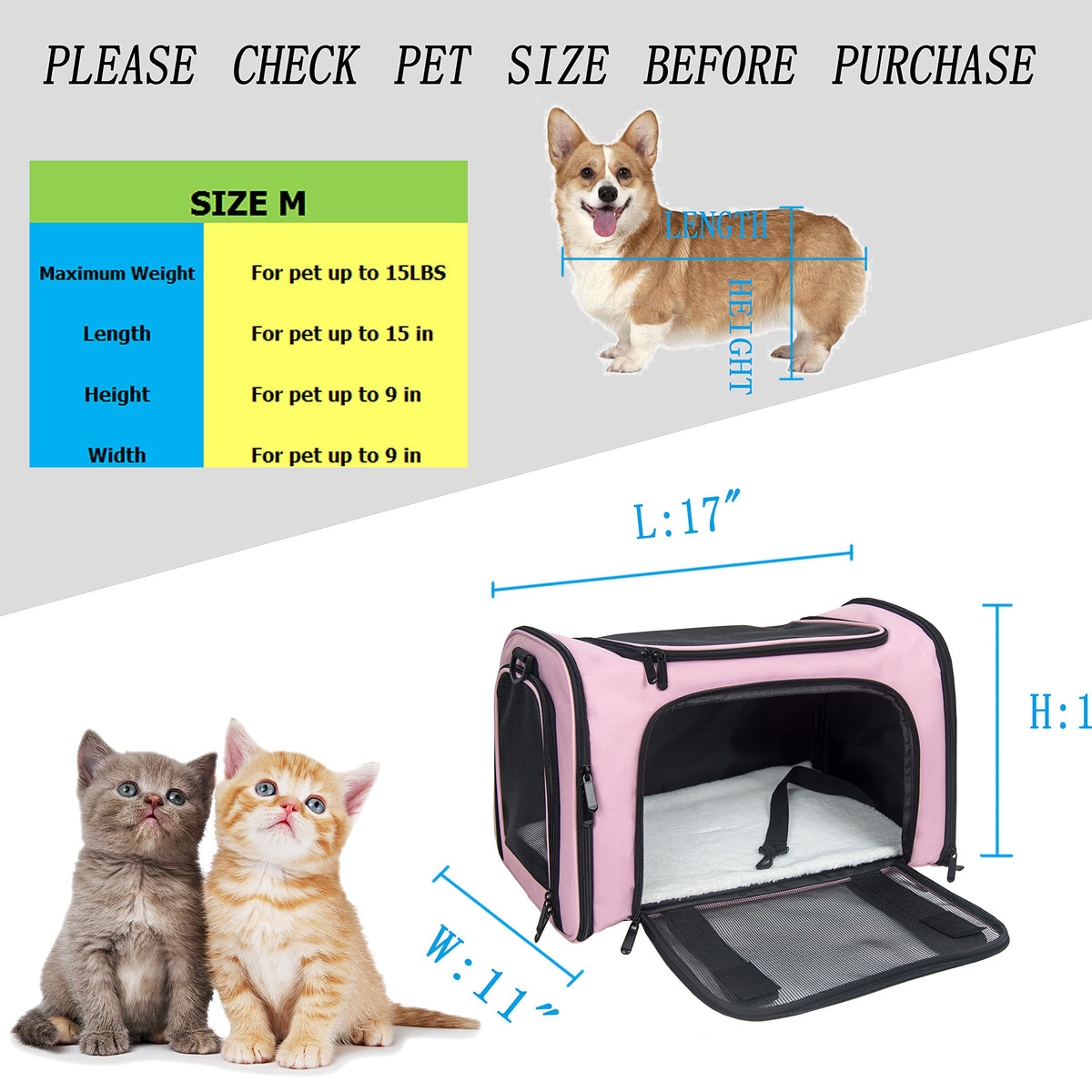 Soft Sided Carrier for Small Medium Cats Dogs (19.3"L x 11.3"W x 11.3"H / Pink)