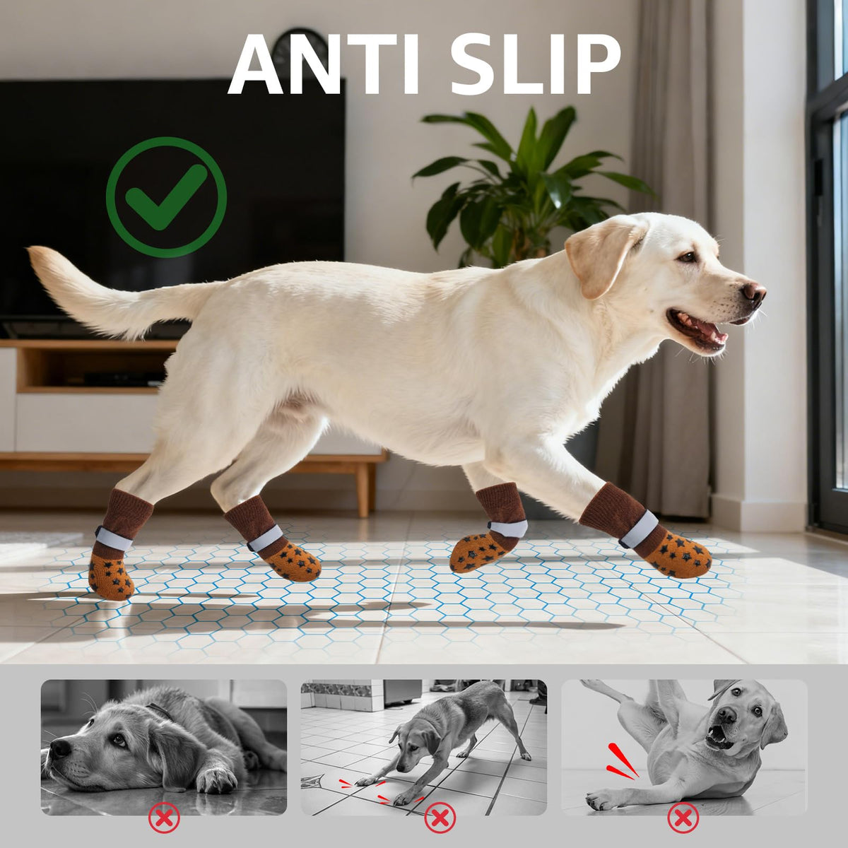 Dog Socks to Prevent Licking Paws Double Sided Grip Traction (khaki / XS(1.5"-1.7" W | Pack of 4))