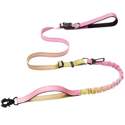 Heavy Duty Hands Free Dog Leash with Quick Release Carabiner and Adjustable No Pull Bungee Dog Running Waist Leash (Pinkish Yellow)