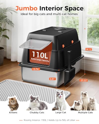 XXL Stainless Steel Cat Litter Box with Lid (Carbon Black / 23" L × 16" W × 18" H)