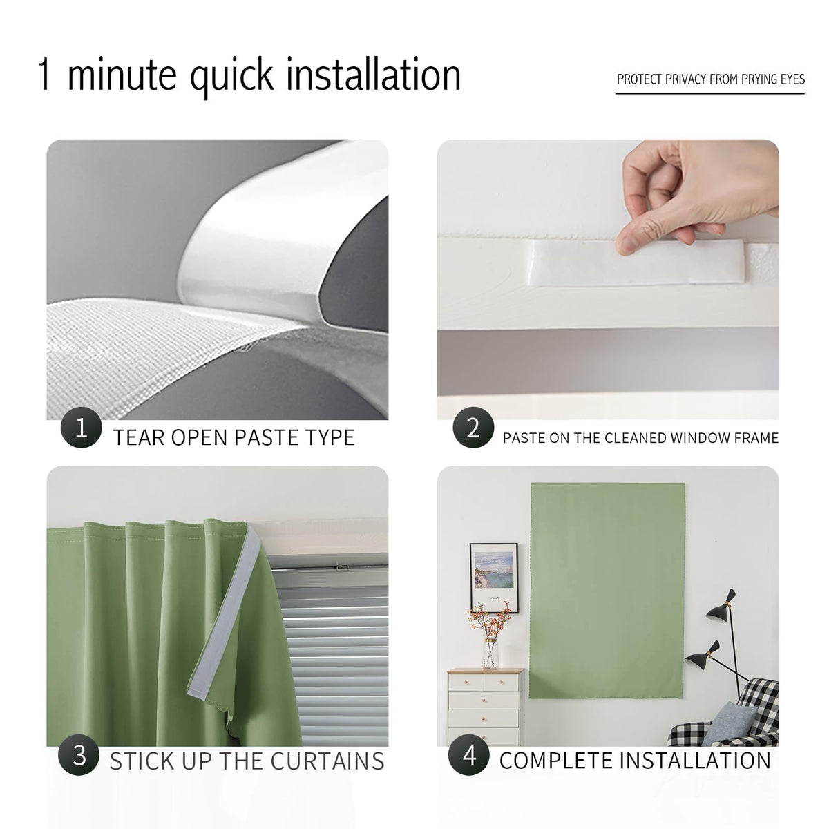 Magic Tape Blackout Curtains for Bedroom No Drillng Self Adhesive Curtains No Rod Small Window (59"W x 71"L (Pack of 1) / Sage Green)