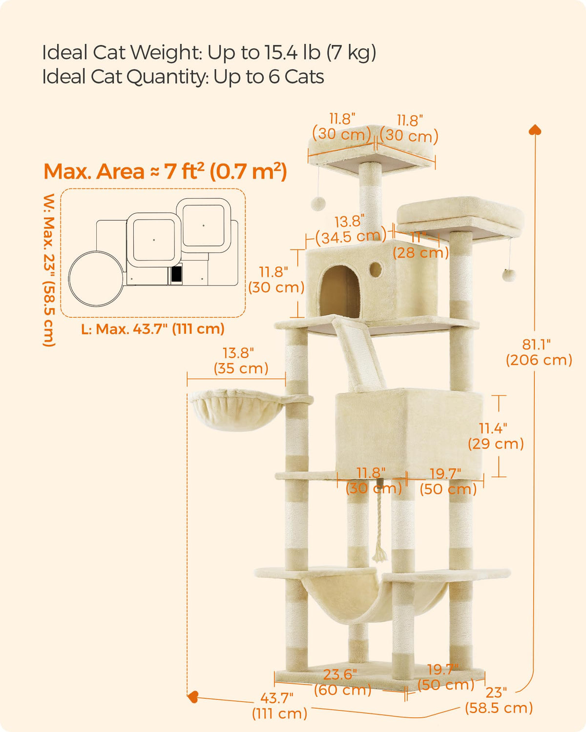 Cat Tree 81.1 (Beige / XXL (23.6"L x 19.7"W x 81.1"H))
