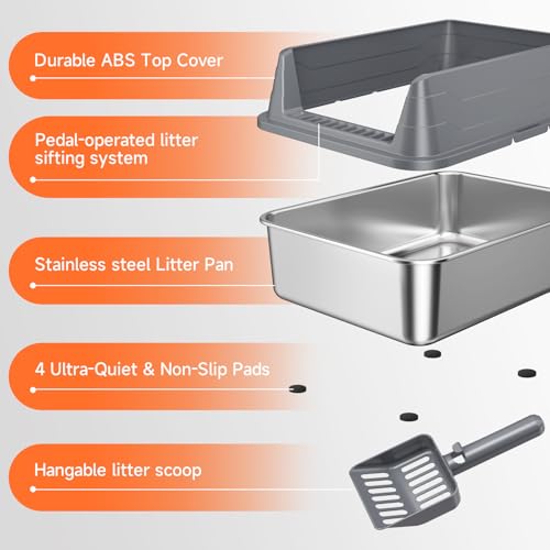 Stainless Steel Cat Litter Box Low Entry Litter Pan Include Scoop (Dark Grey M)