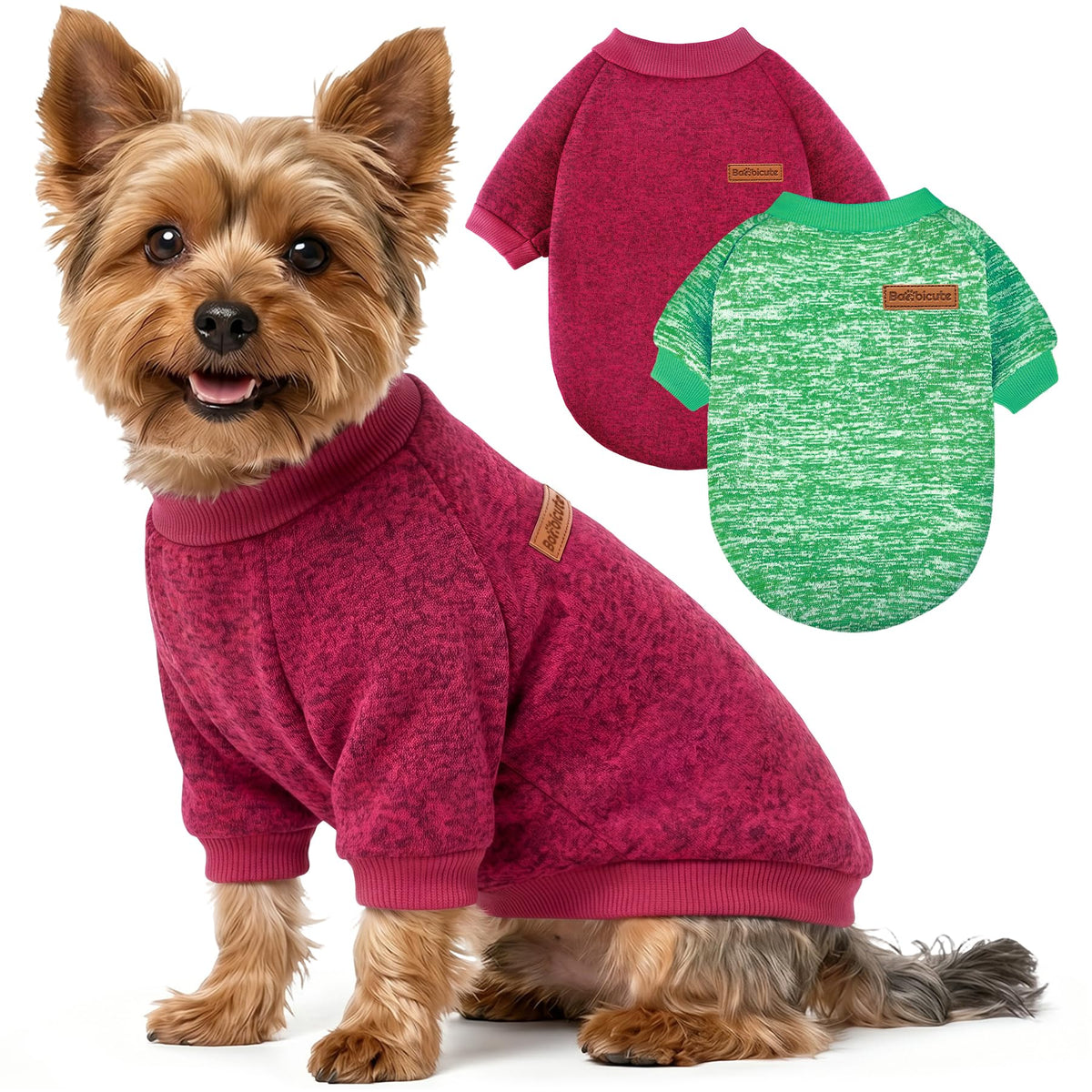 2 Pack Dog Sweaters for Small Dogs Girl Boy Winter Fleece Clothes Warm Soft Dog Sweatshirt Outfit for Dogs Cats Pet Apparel (Wine Red+Green / S (Back: 11.8", Chest: 15.7", 5.5-10 lbs))