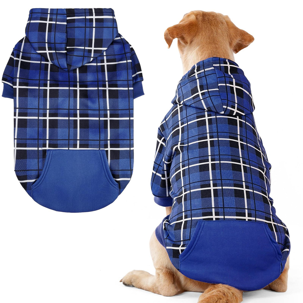 Plaid Dog Hoodie (Navy Blue / X-Large)