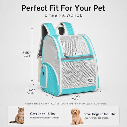 Cat Backpack Carrier for Small Dogs and Medium cat Puppy Kitten Bunny Pet Carrier Backpack Collapsible with Fully Ventilated Mesh with Safety Leash (LightGreen / 12.9"L x 10.62"W x 15.5"H)