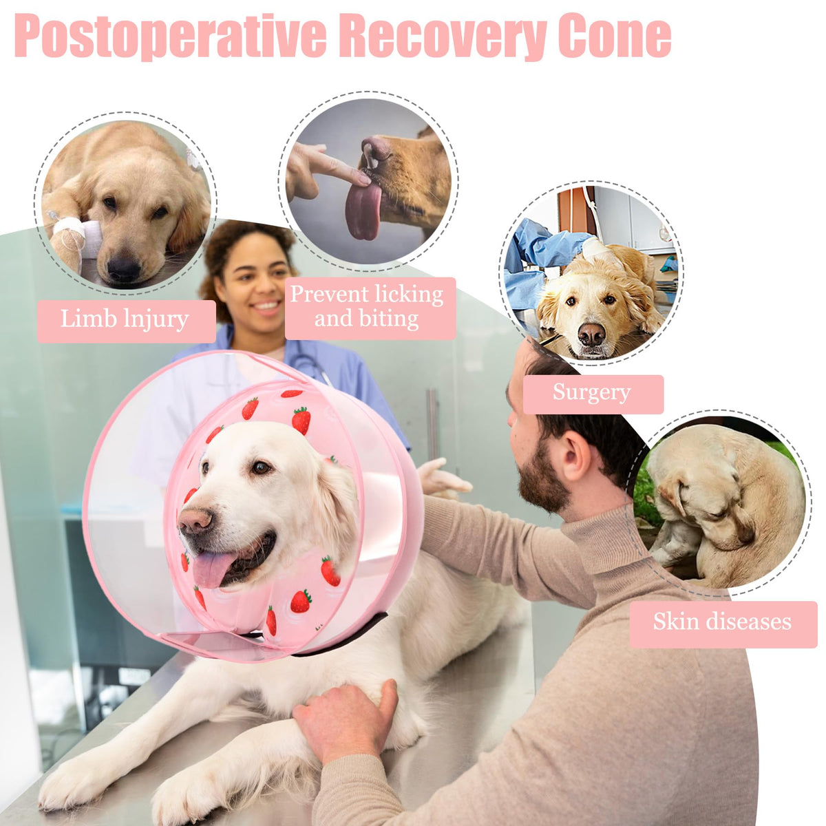 Inflatable Dog Cone Collar for Large Medium Small Dogs (Strawberry Print / Medium Plus)