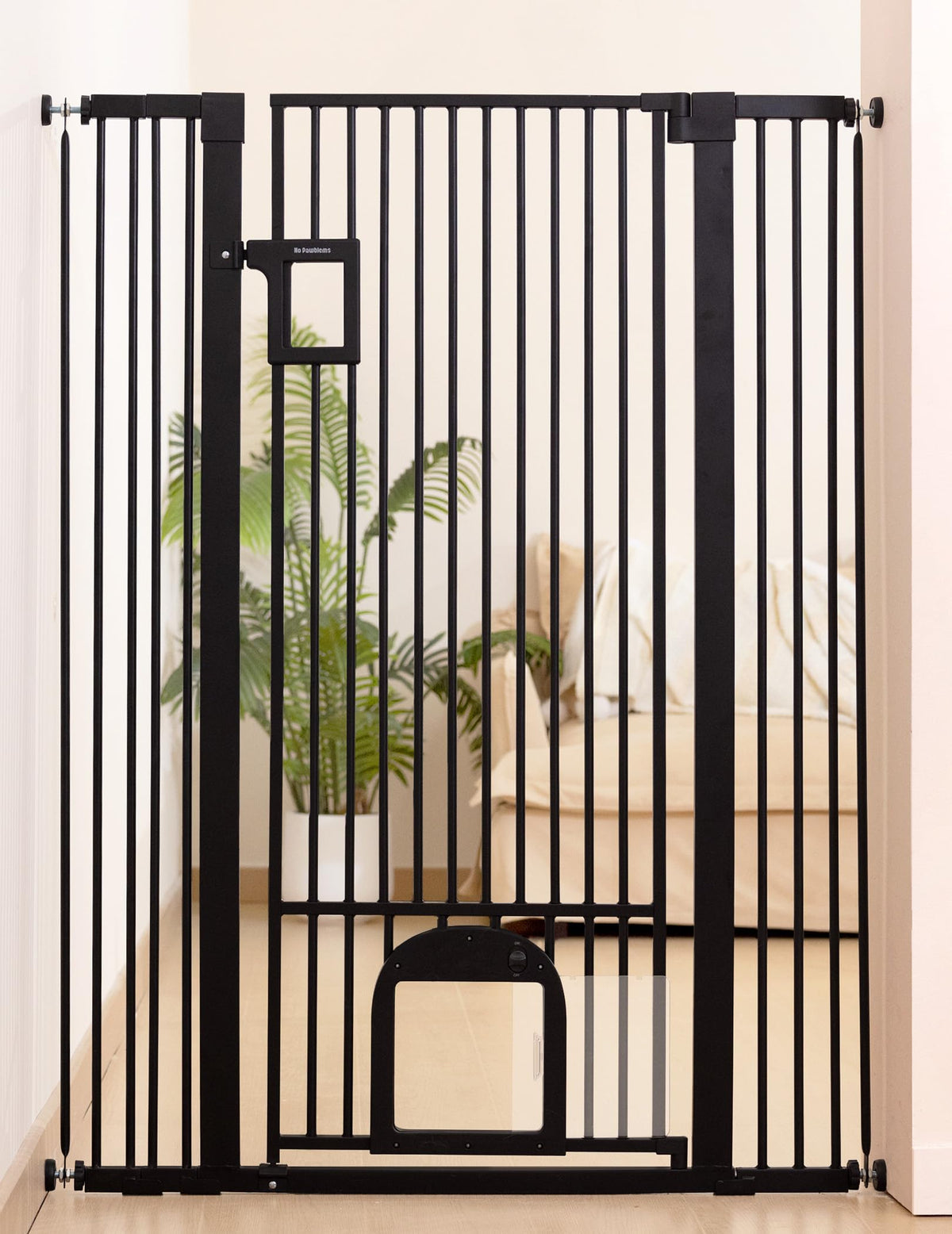 55" Extra Tall Pet Gate with Cat Door (Black - P / 55" Tall, 29-43" Wide)