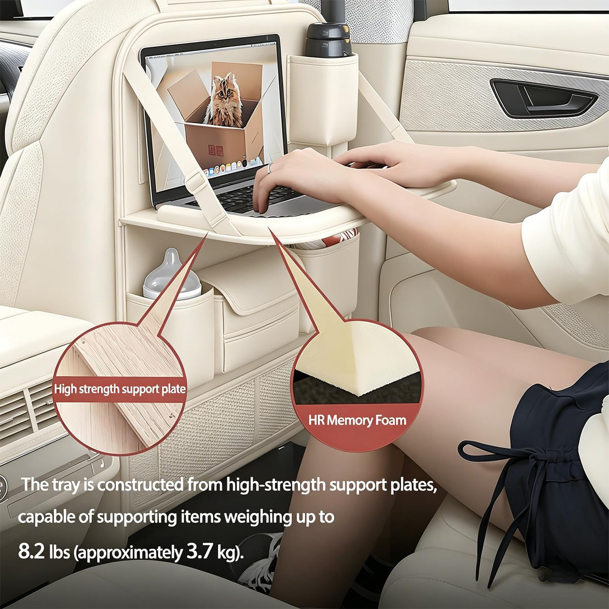 Universal Foldable Car Backseat Organizer with Table Tray (1 Pack / Beige)