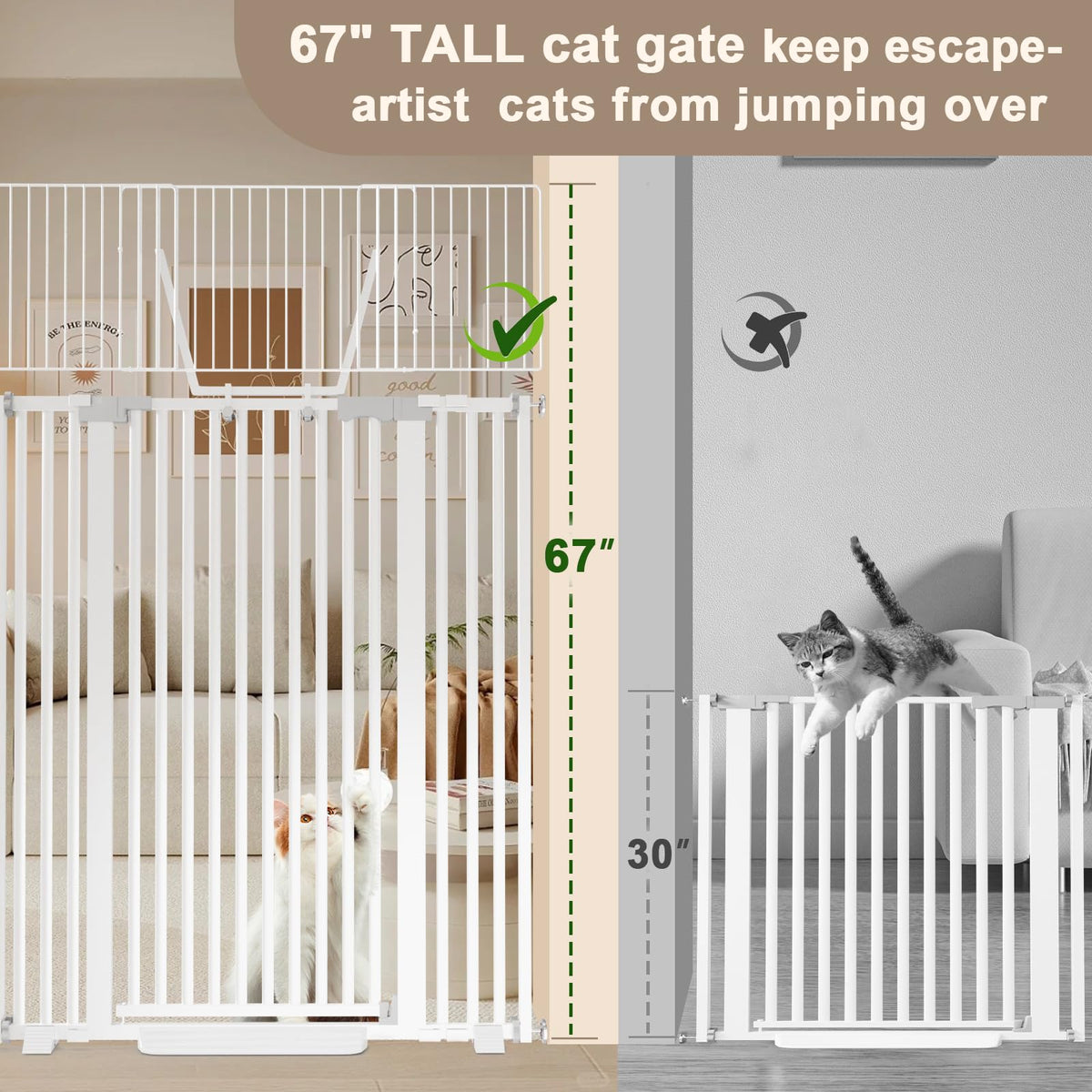 67" High Extra Tall Cat Gate for Doorway (White-67"tall / 30''-49.2''Wide)
