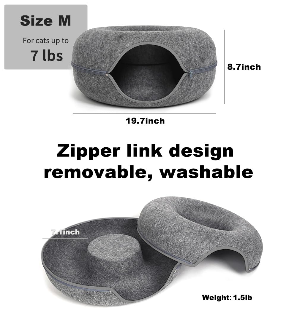 Cat Tunnel Bed for Indoor Cats with 3 Toys (M(20x20x9) / Dark Grey)