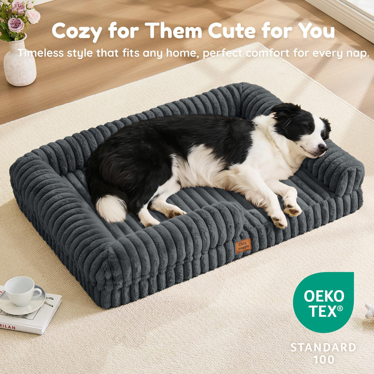Faux Fur Orthopedic Dog Bolster Bed (Rectangular Dark Grey / XL(41*30*7))