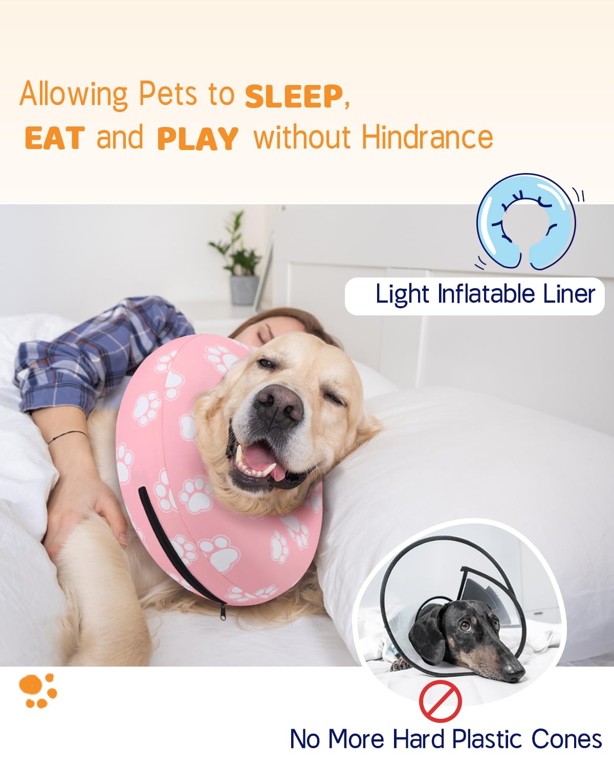 Inflatable Dog Cone Collar Alternative After Surgery (T Paw Pink / XXL(Neck 18.5"-23.5"))