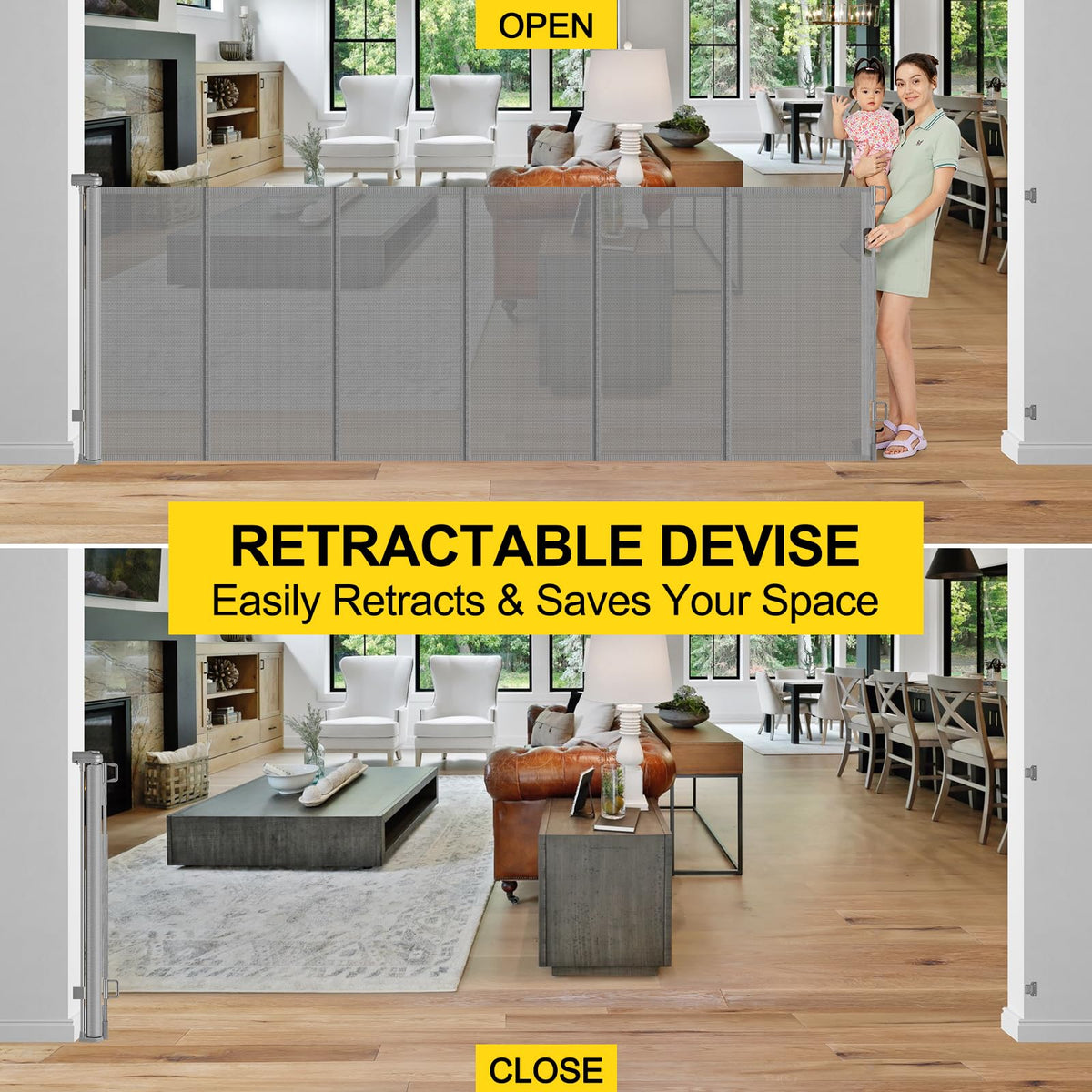 Reinforced 42" Tall x 100" Extra Wide Retractable Baby Gates for Doorways (Gray / Reinforced 42" Tall X 100" Wide)