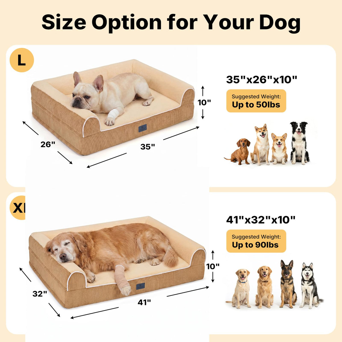 Orthopedic Dog Beds Large Sized Dog (Light Yellow / 41"L x 32"W x 10"Th)