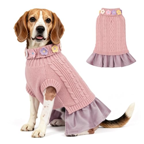 Small Dog Sweater Dress with Bowtie Turtleneck (X-Large (21-28lbs) / Dusty Pink)