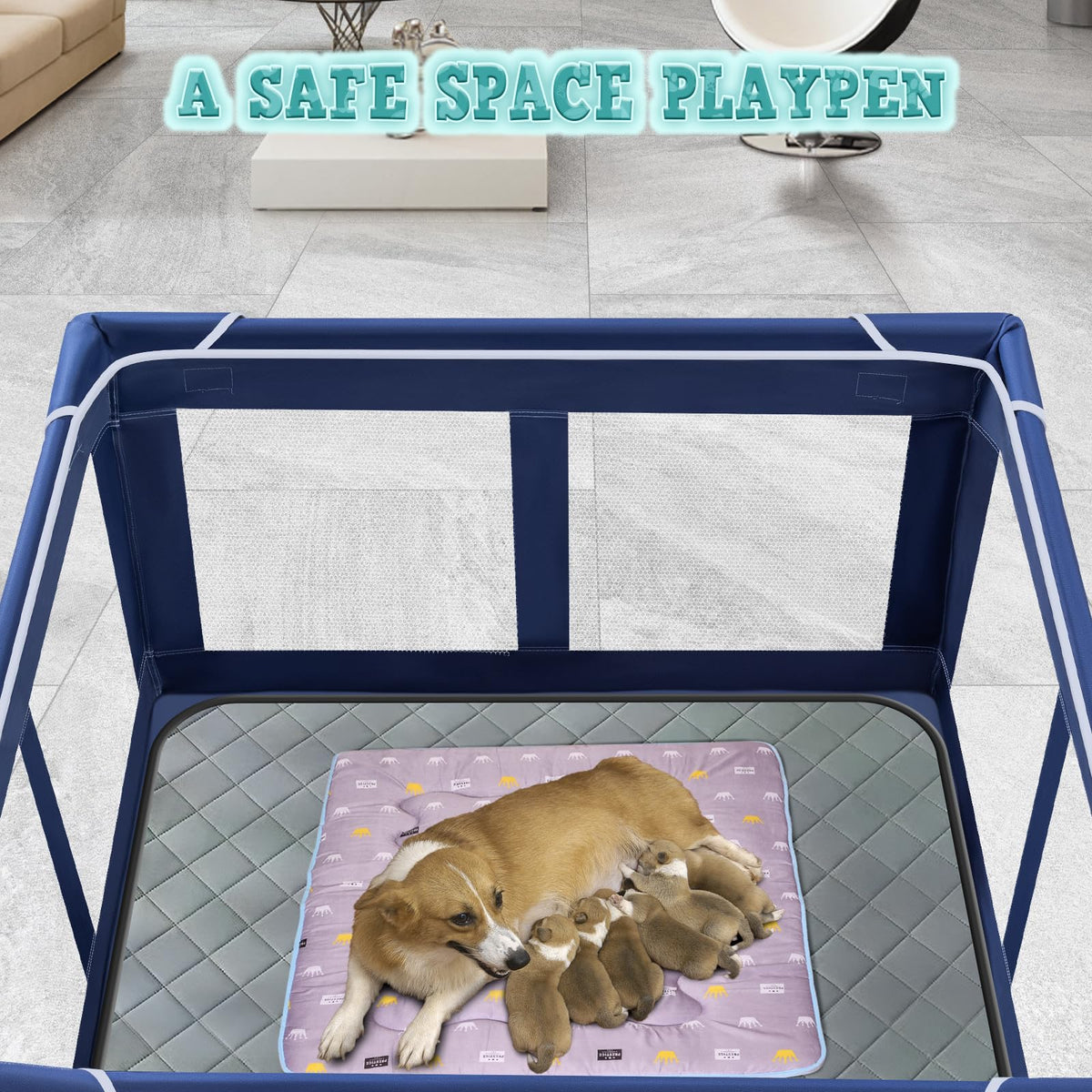 42x42 Inches Puppy Playpen with Dog Pads (Blue / 42x42 IN With Pad)