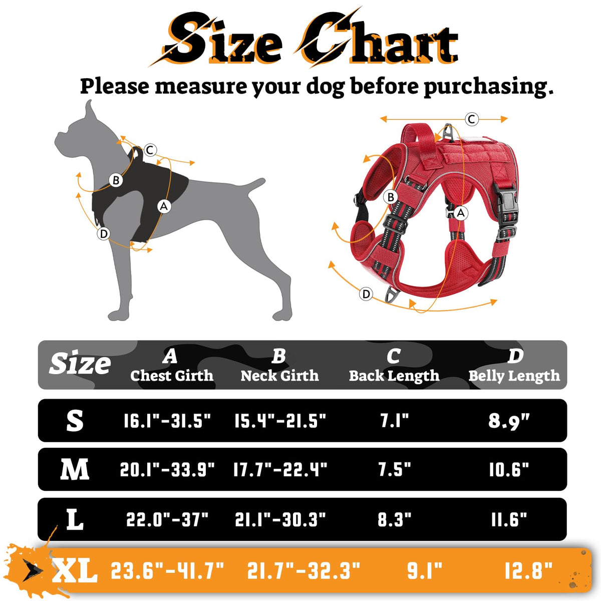 Tactical Dog Harness for Large Dogs (Xl(chest:23.6"-41.8",neck:21.7"-32.3",back:9.1") / Red)