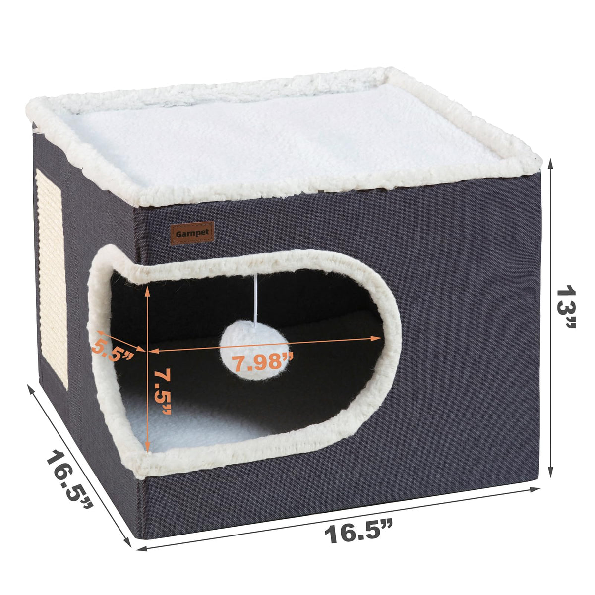 Cat Bed for Indoor Cats Cube House (16.5"D x 16.5"W x 13"H / Dark Grey)