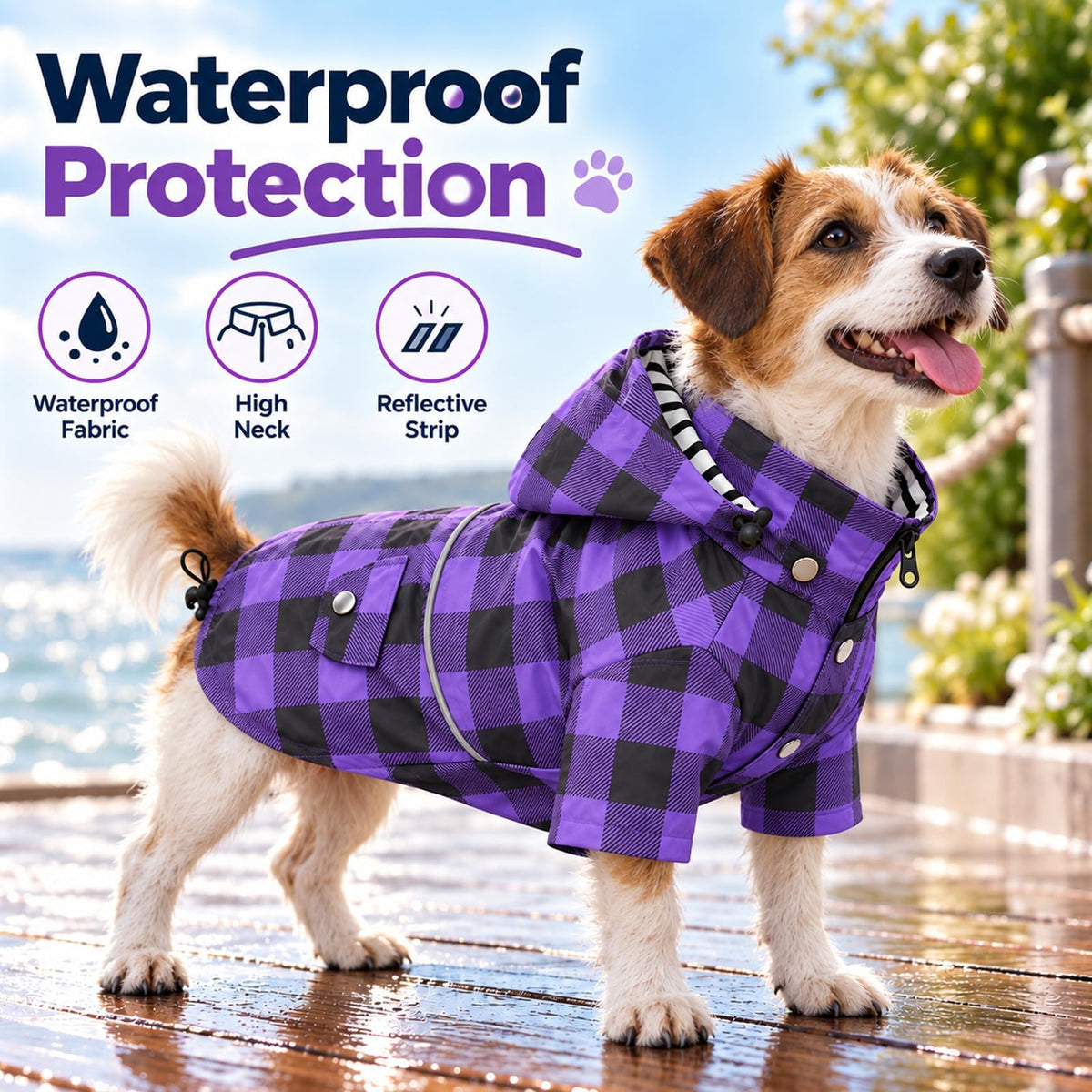 Dog Rain Coat Waterproof Raincoat Puppy Jacket with Buttons Zipper Hood Drawstring Fit for Yorkie Terrier Schnauzer Poodle Border Collie Labrador Golden Retriever 8lbs to 80lbs (X-Large / Purple/Black Paid)