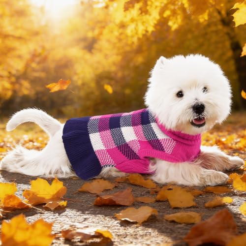 Dog Sweater Dress Plaid Knitwear for Small Dogs Girl Christmas Clothes (Navy / XX-Small)