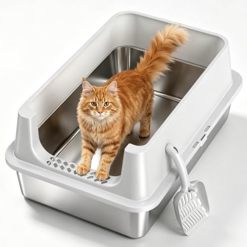 XL Open Top Stainless Steel Litter Box with High Sides (Gray-OpenTop)