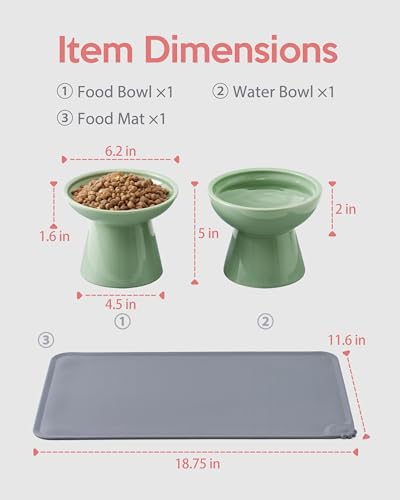 2 Pack Elevated Ceramic Cat Bowls Extra Wide for Food & Water + Food Mat Sage Green+Mat (Sage Green+Mat)