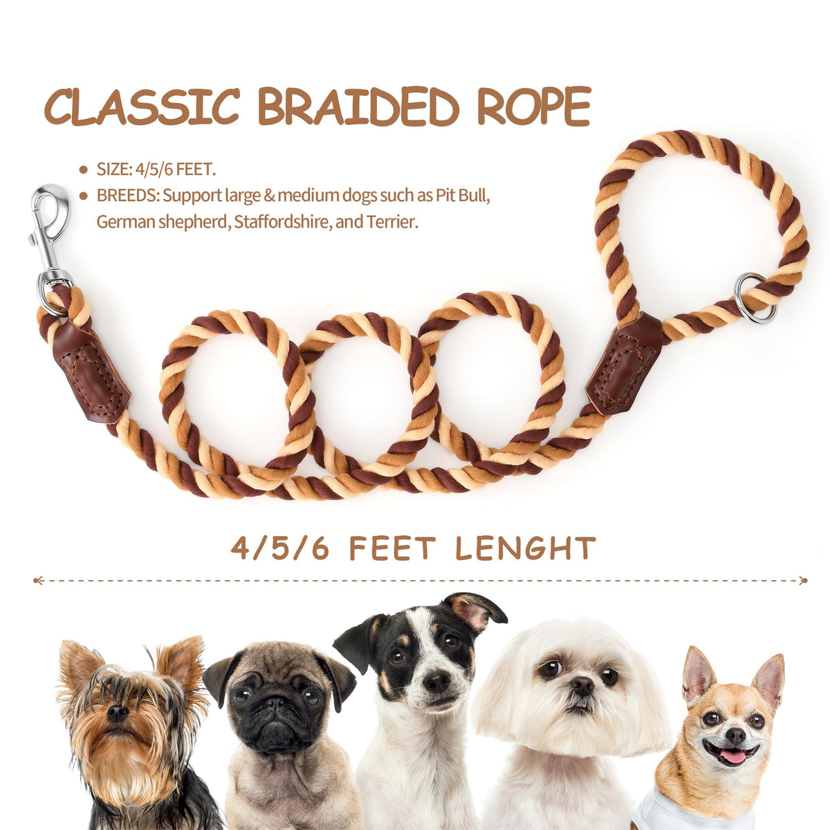 Rainbow Dog Leash Braided Cotton Rope w Leather (Brown Gradient / 60 Inch-1/2")