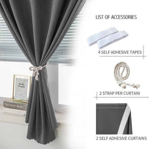 Magic Tape Stick On Curtains Window Shades Pull Down Blackout Window Cover Blackout Curtains for Bedroom No Drillng Self Adhesive Curtains No Rod Small Window (35"W x 79"L (Pack of 2) / Grey)
