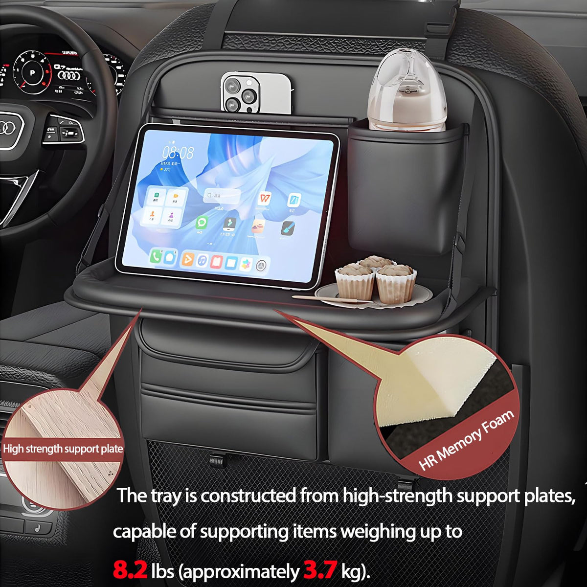 Universal Premium Leather Foldable Car Backseat Organizer with Table Tray