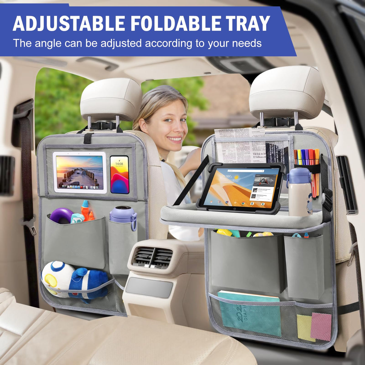 2Pack Car Backseat Organizer with Foldable Table Tray Grey (Grey / 2 Pack with Food Tray)