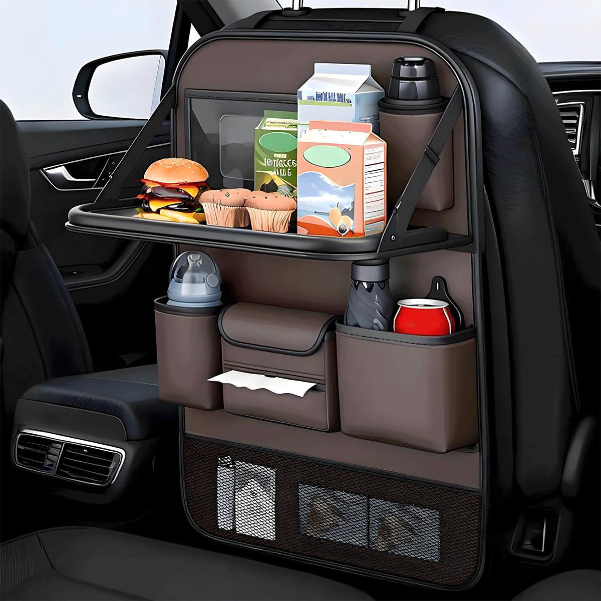 Universal Foldable Car Backseat Organizer with Table Tray (1 Pack / Brown)