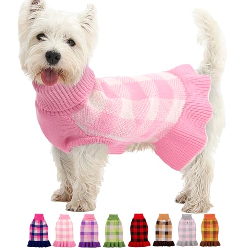 Dog Sweater Dress Plaid Knitwear for Large Dogs Girl Christmas Clothes (Pink / Large)