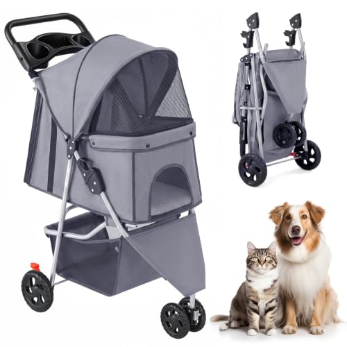 3 Wheel Pet Stroller for Dogs and Cats (Silver Gray / 29.1" x 17.7" x 39.4")