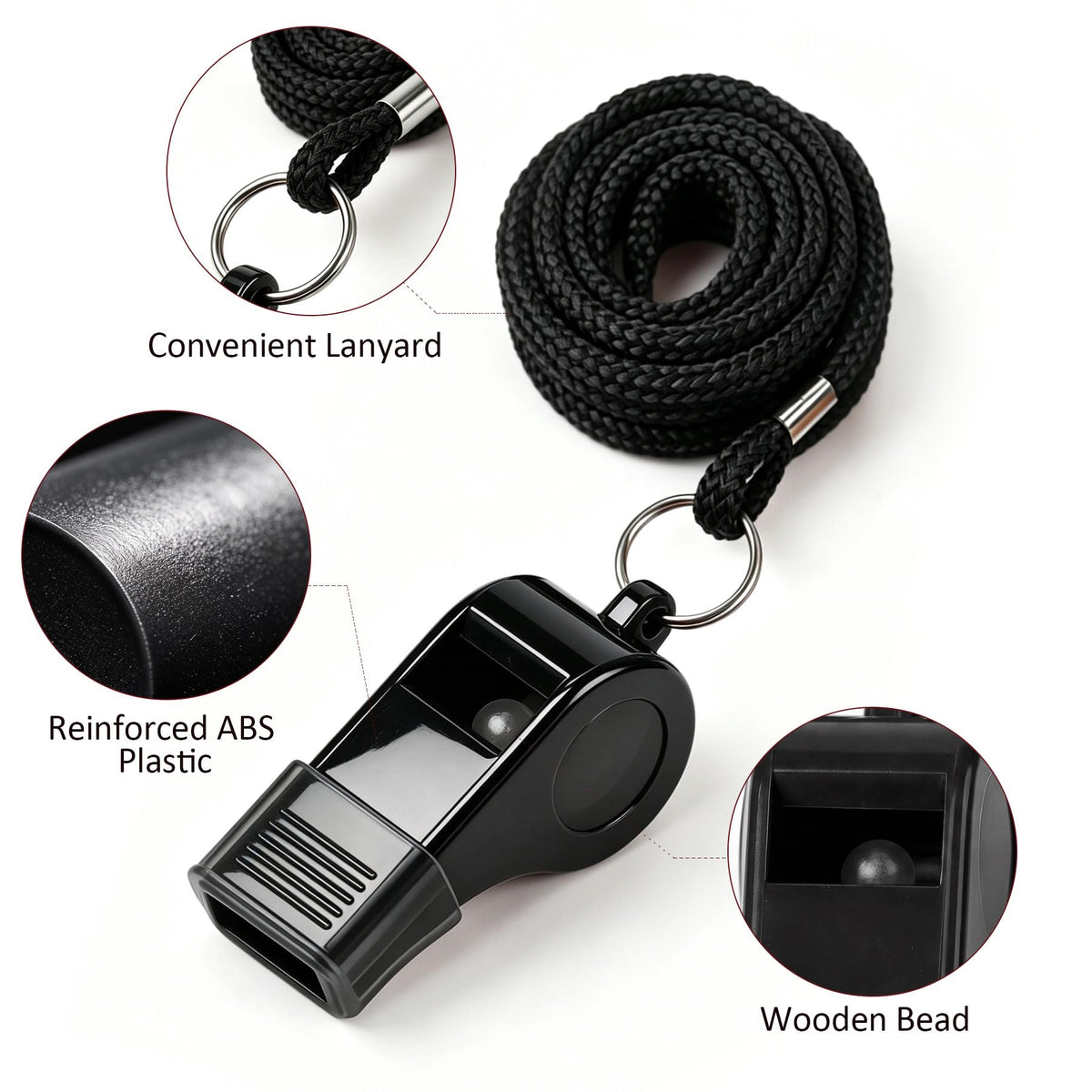 Whistle Plastic Whistles with Lanyard & Cover (12 Pcs Black)