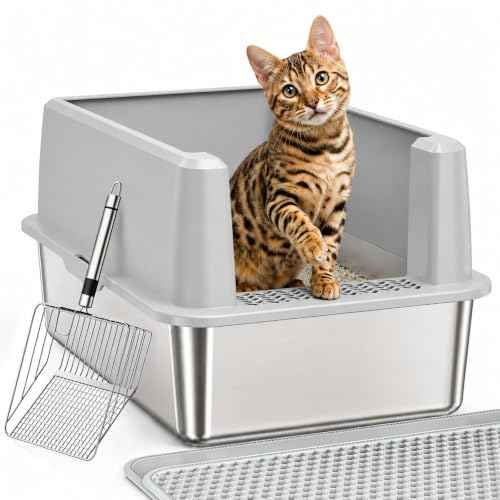 XL Stainless Steel Cat Litter Box with High Sided Enclosure (XL-Cool Grey)