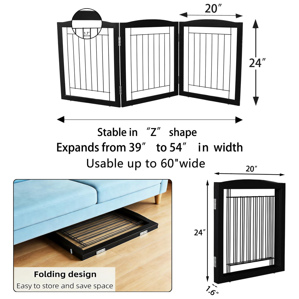 Freestanding Foldable Dog Gate for House Extra Wide Wooden Black Indoor Puppy Gate Stairs Doorways Pet Gate Tall Dog Fence 3 Panels Fence (Black / 【3 Panels】60''w x 24''h)