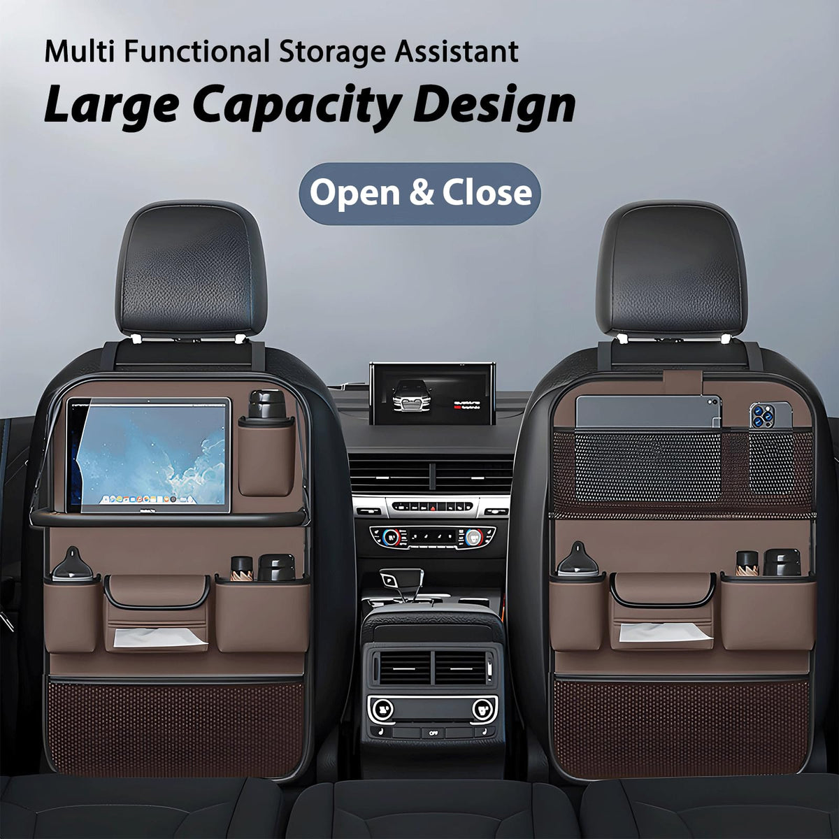 2 Pack Universal Foldable Car Backseat Organizer with Table Tray (2 Pack / Brown)