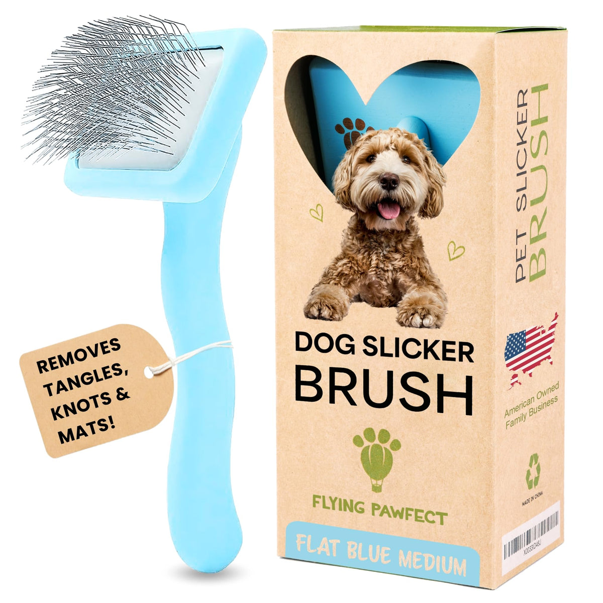 Pet Slicker Brush With Soft Massage Grooming Stainless Steel Pins (Baby Blue / Flat Medium)