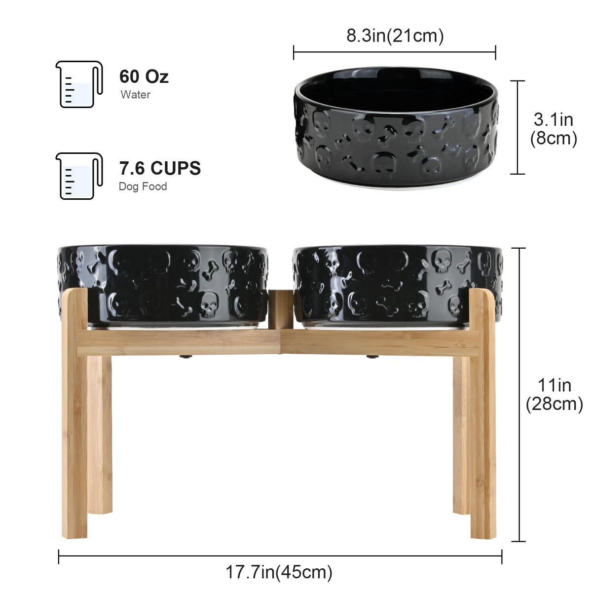 Elevated Dog Bowls Ceramic (8.3 in - 7.6 cups / Black- Skull)
