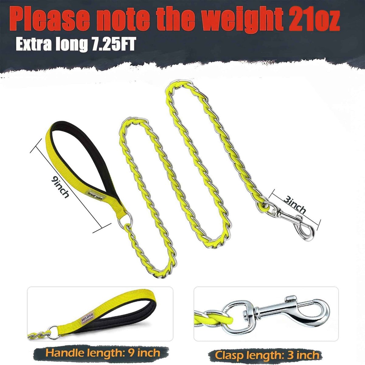 Chain Dog Leash Chew Proof Metal Leash for Medium Large Dogs (yellow / 7.25FT(80-200lb))
