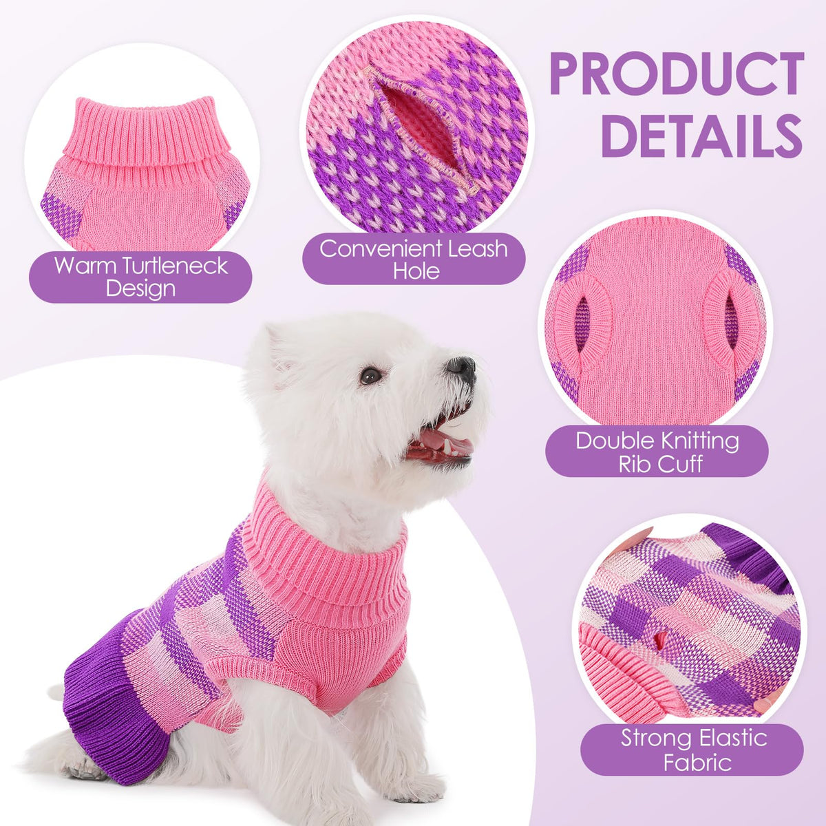 Dog Sweater Dress Plaid Knitwear for Small Dogs Girl Christmas Clothes (Purple / X-Small)