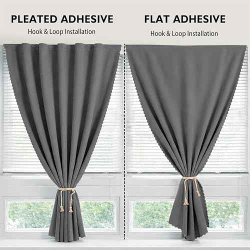 Magic Tape Stick on Curtains Blackout Curtains for Bedroom no Drillng Self Adhesive Curtain no Rod Small Window (Grey / 35"W x 40"L (Pack of 2))