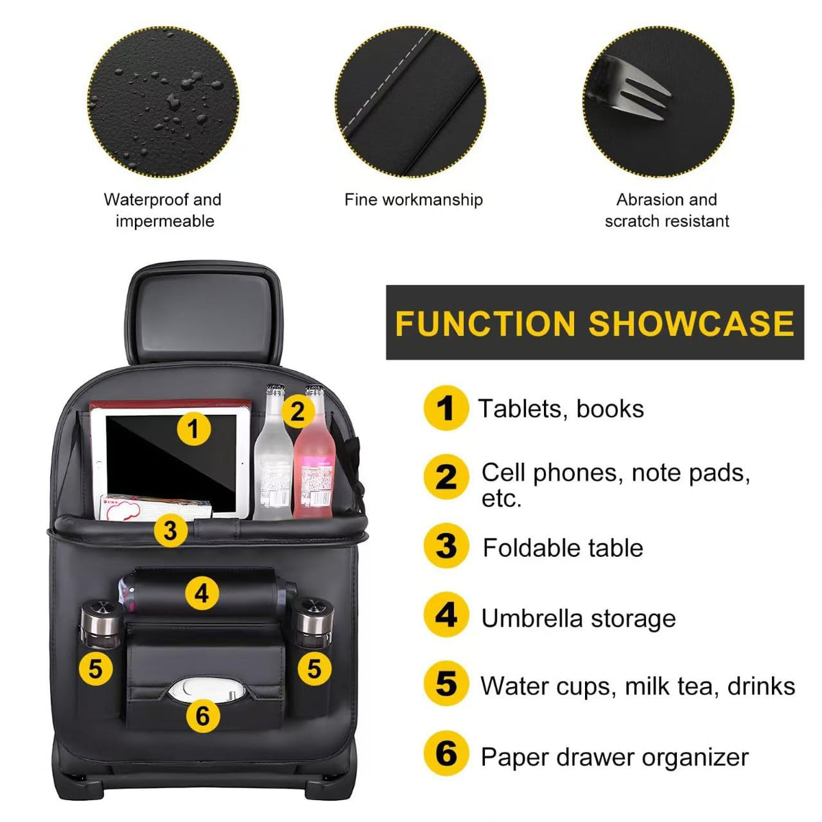 Premium PU Leather Backseat Seat Organizer with Foldable Table (2 Pack / Black)