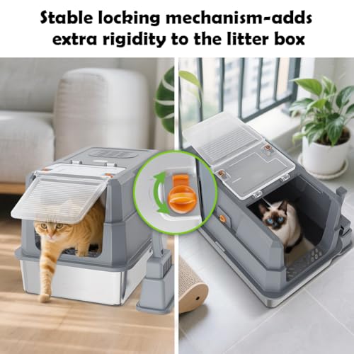 XL Stainless Steel Cat Litter Box with 180°Flip‑Top Lid (Dark Gray)