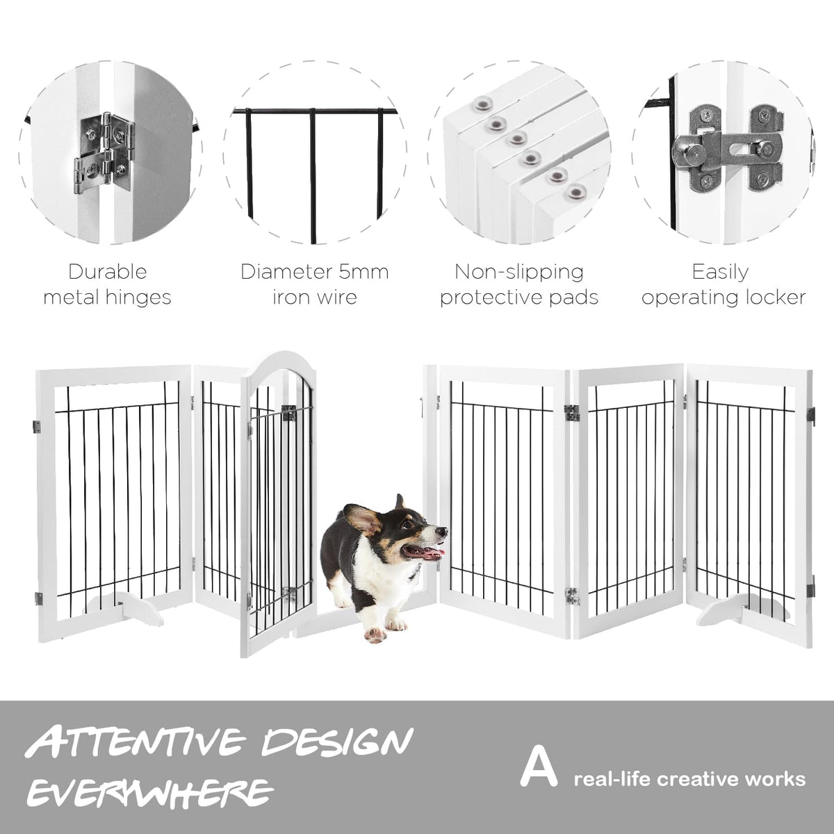 Dog Gate Indoor with Door (White / 【6 Panels with Door】144"W x 32"H)